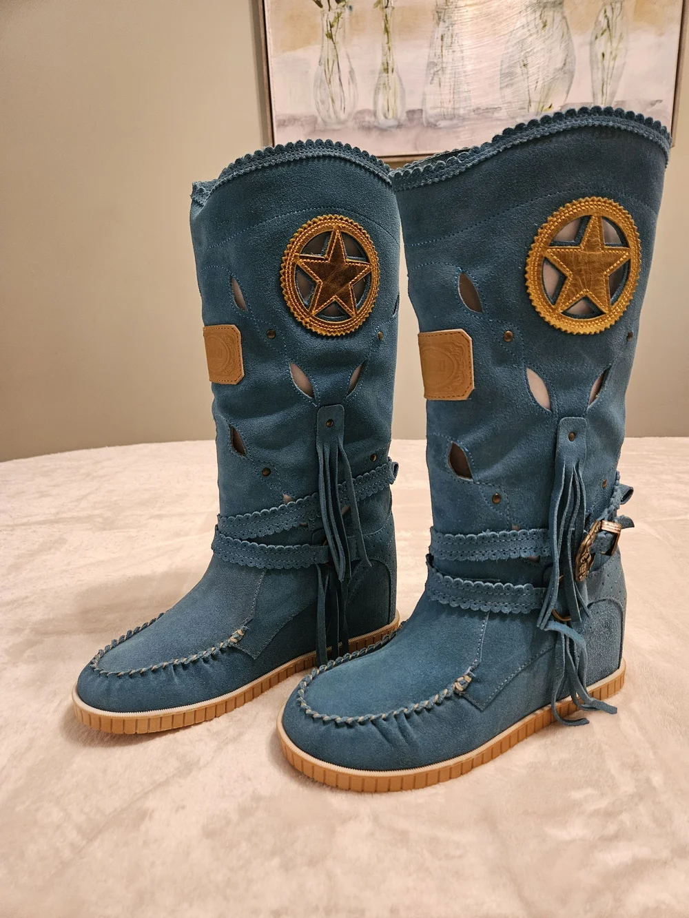 Women's Dingo Blue Suede Leather Fringe Star Western Boots with Tan Soles Size 7 - Picture 1 of 4
